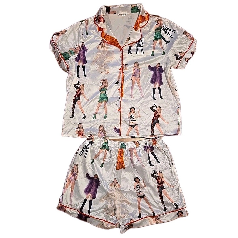 Sheshow Taylor Swift Eras Tour Print Satin Pajama Set Womens Large White Red